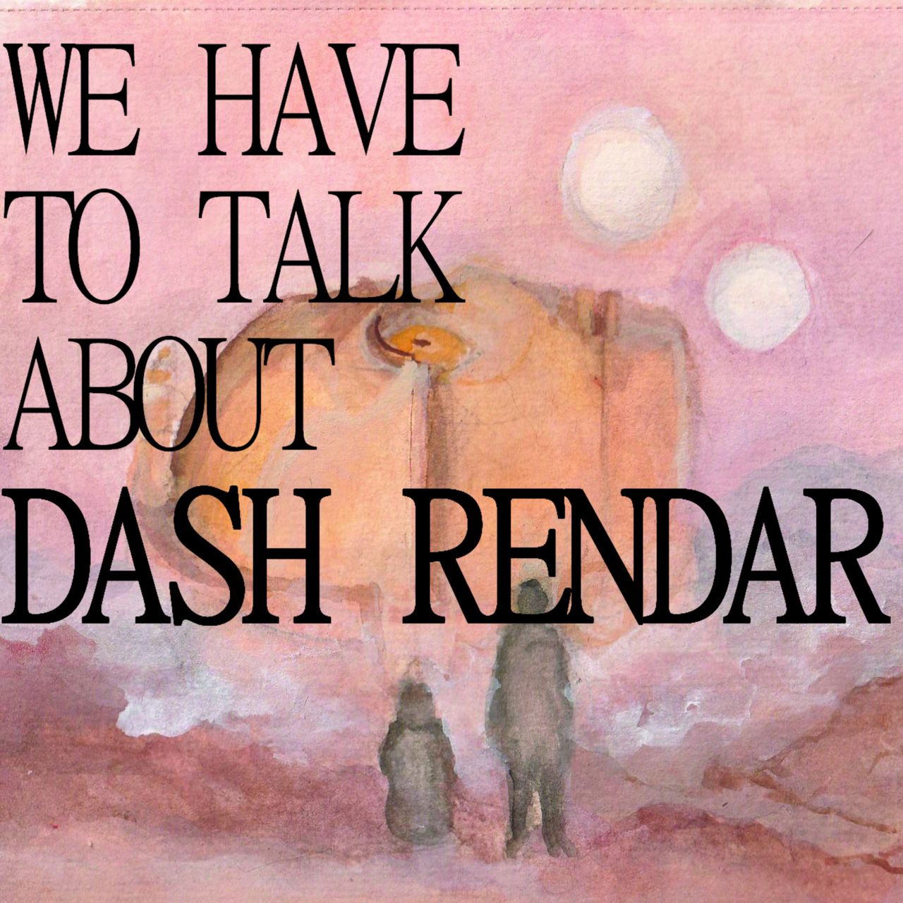 A watercolor painting of two figures staring at a giant C-3PO head that's laying in the backround like in that one Evangelion screenshot.